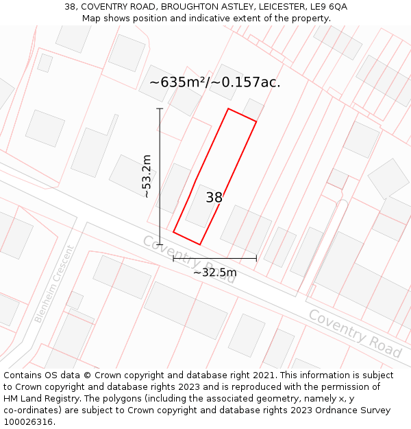 38, COVENTRY ROAD, BROUGHTON ASTLEY, LEICESTER, LE9 6QA: Plot and title map