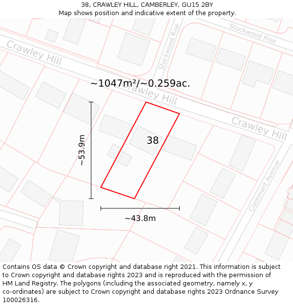 38, CRAWLEY HILL, CAMBERLEY, GU15 2BY: Plot and title map