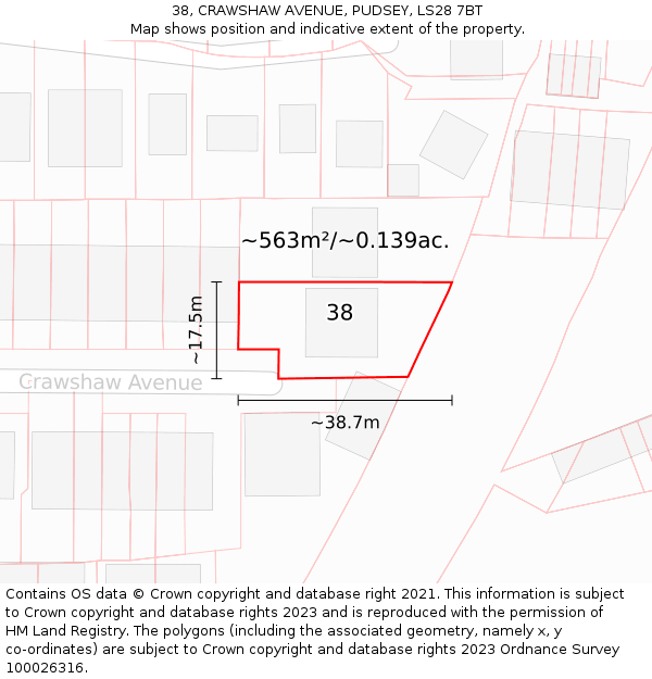 38, CRAWSHAW AVENUE, PUDSEY, LS28 7BT: Plot and title map