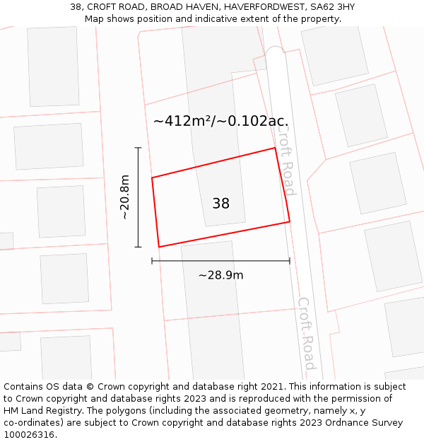 38, CROFT ROAD, BROAD HAVEN, HAVERFORDWEST, SA62 3HY: Plot and title map