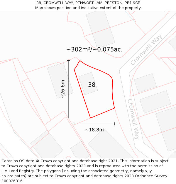 38, CROMWELL WAY, PENWORTHAM, PRESTON, PR1 9SB: Plot and title map