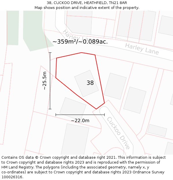 38, CUCKOO DRIVE, HEATHFIELD, TN21 8AR: Plot and title map