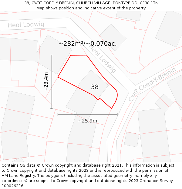 38, CWRT COED Y BRENIN, CHURCH VILLAGE, PONTYPRIDD, CF38 1TN: Plot and title map