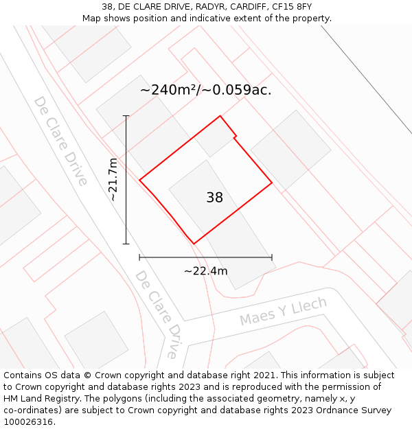 38, DE CLARE DRIVE, RADYR, CARDIFF, CF15 8FY: Plot and title map