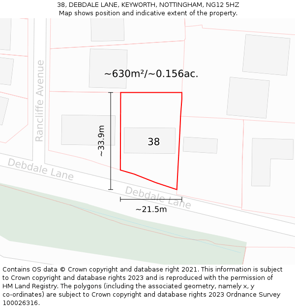 38, DEBDALE LANE, KEYWORTH, NOTTINGHAM, NG12 5HZ: Plot and title map