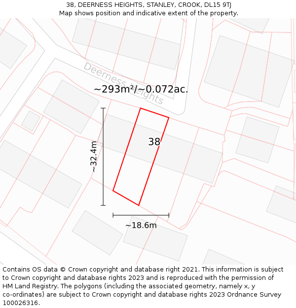 38, DEERNESS HEIGHTS, STANLEY, CROOK, DL15 9TJ: Plot and title map