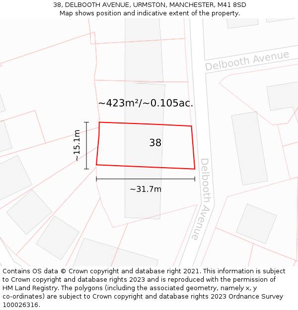 38, DELBOOTH AVENUE, URMSTON, MANCHESTER, M41 8SD: Plot and title map