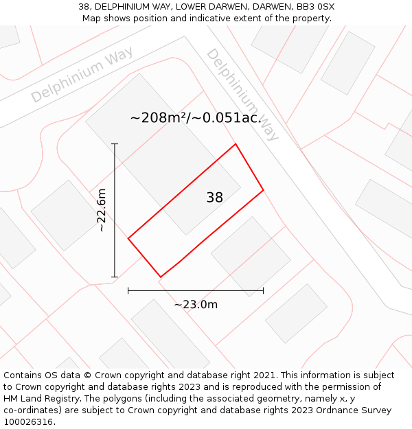 38, DELPHINIUM WAY, LOWER DARWEN, DARWEN, BB3 0SX: Plot and title map