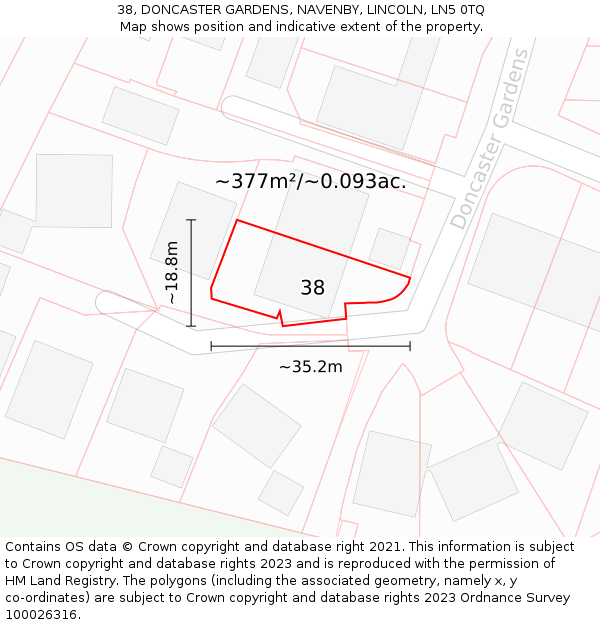 38, DONCASTER GARDENS, NAVENBY, LINCOLN, LN5 0TQ: Plot and title map