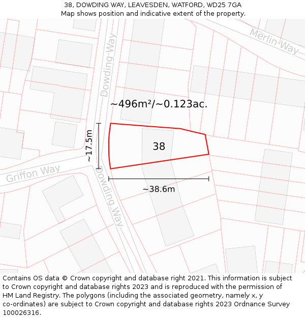 38, DOWDING WAY, LEAVESDEN, WATFORD, WD25 7GA: Plot and title map