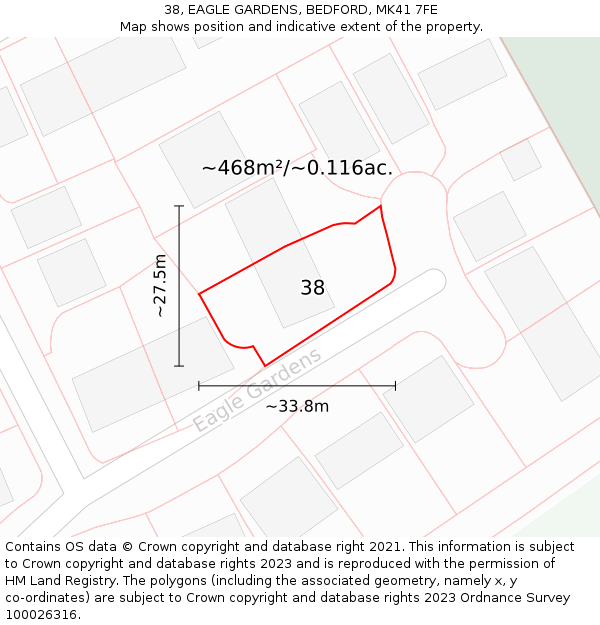 38, EAGLE GARDENS, BEDFORD, MK41 7FE: Plot and title map