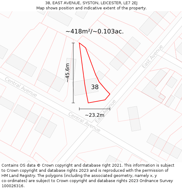 38, EAST AVENUE, SYSTON, LEICESTER, LE7 2EJ: Plot and title map