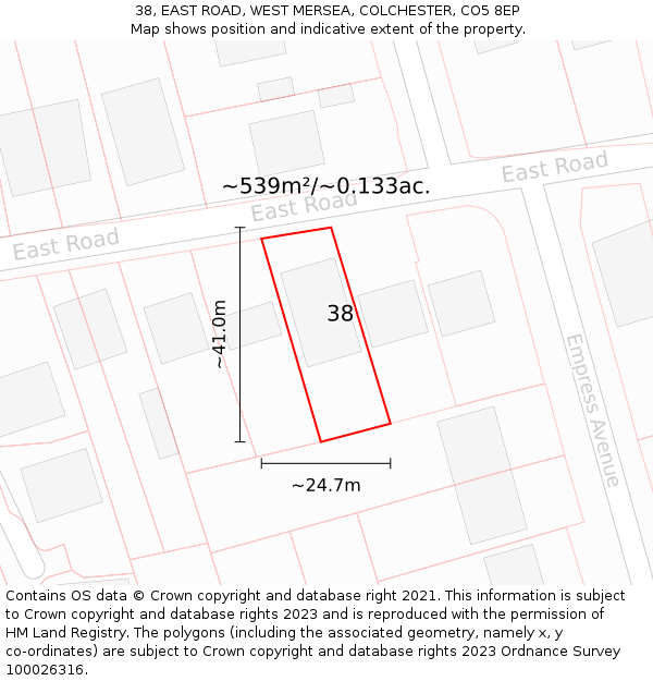 38, EAST ROAD, WEST MERSEA, COLCHESTER, CO5 8EP: Plot and title map