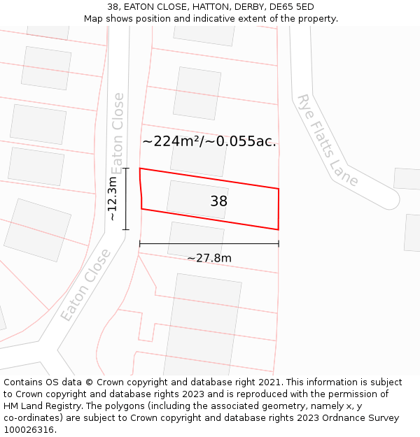 38, EATON CLOSE, HATTON, DERBY, DE65 5ED: Plot and title map