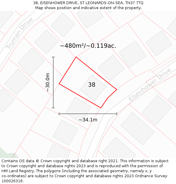 38, EISENHOWER DRIVE, ST LEONARDS-ON-SEA, TN37 7TQ: Plot and title map