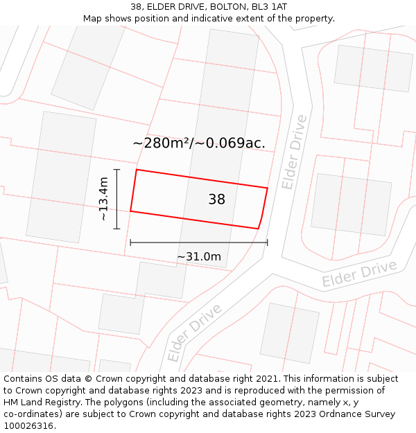 38, ELDER DRIVE, BOLTON, BL3 1AT: Plot and title map