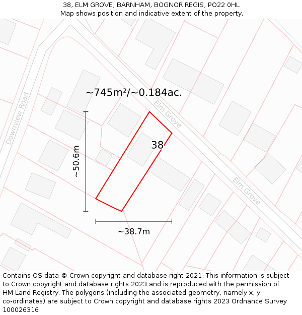 38, ELM GROVE, BARNHAM, BOGNOR REGIS, PO22 0HL: Plot and title map