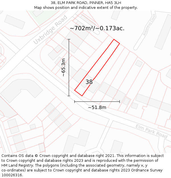 38, ELM PARK ROAD, PINNER, HA5 3LH: Plot and title map