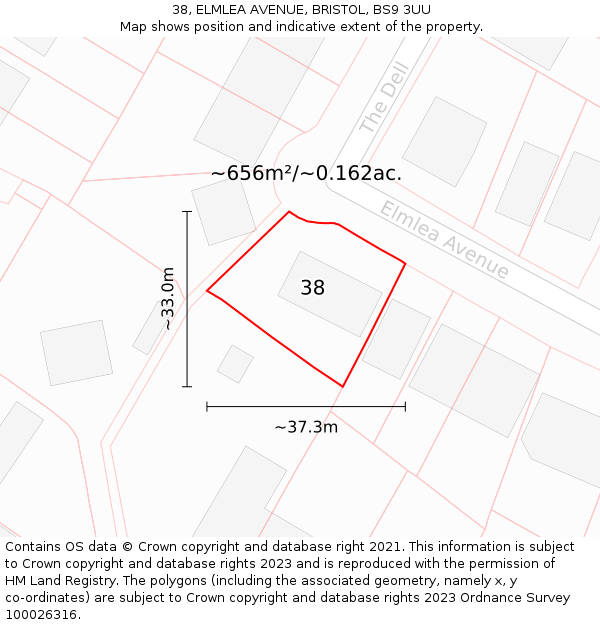 38, ELMLEA AVENUE, BRISTOL, BS9 3UU: Plot and title map