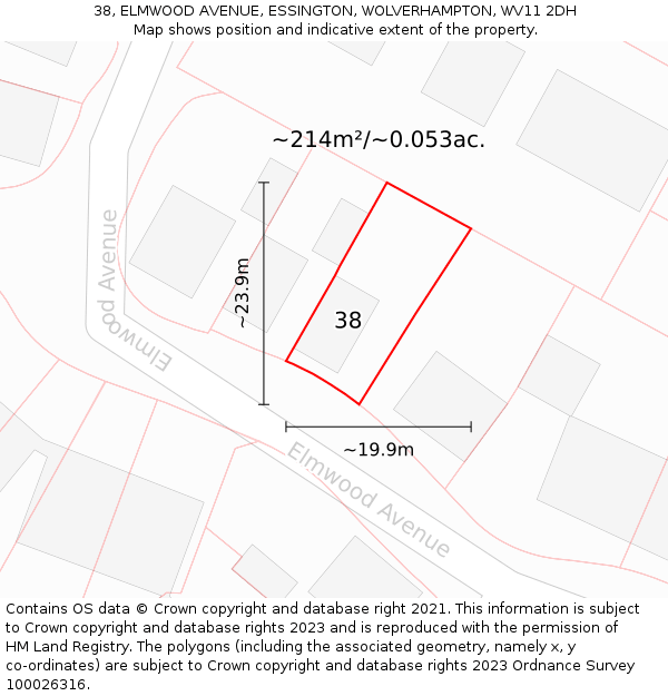 38, ELMWOOD AVENUE, ESSINGTON, WOLVERHAMPTON, WV11 2DH: Plot and title map