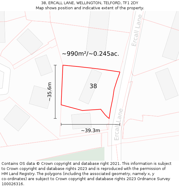 38, ERCALL LANE, WELLINGTON, TELFORD, TF1 2DY: Plot and title map