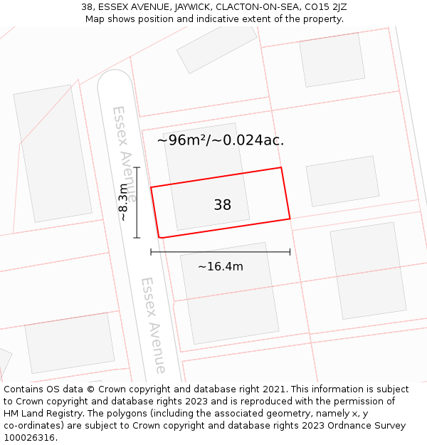 38, ESSEX AVENUE, JAYWICK, CLACTON-ON-SEA, CO15 2JZ: Plot and title map