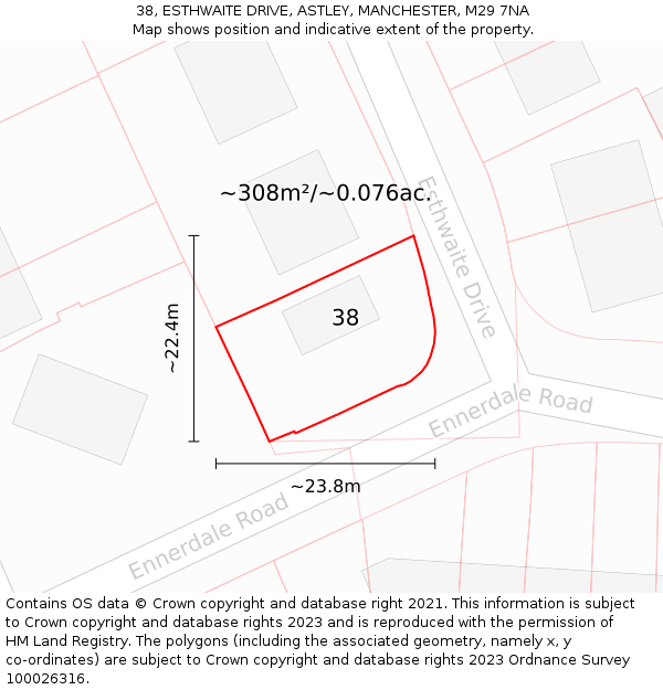 38, ESTHWAITE DRIVE, ASTLEY, MANCHESTER, M29 7NA: Plot and title map