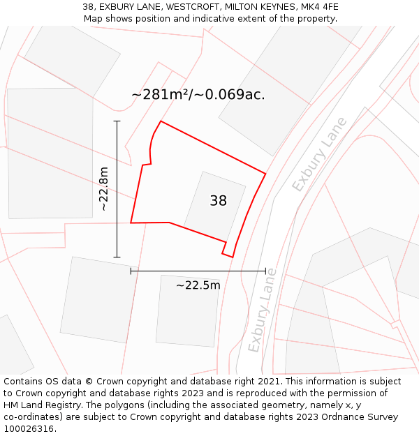 38, EXBURY LANE, WESTCROFT, MILTON KEYNES, MK4 4FE: Plot and title map