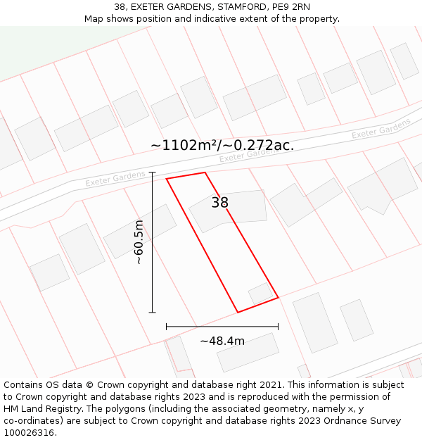 38, EXETER GARDENS, STAMFORD, PE9 2RN: Plot and title map