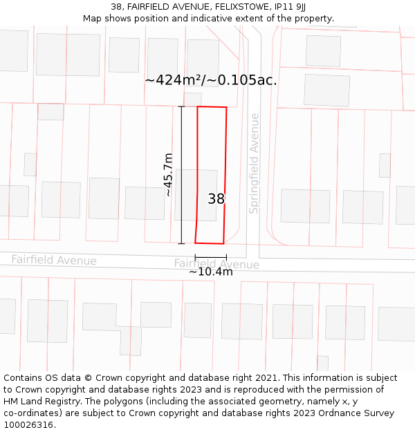 38, FAIRFIELD AVENUE, FELIXSTOWE, IP11 9JJ: Plot and title map