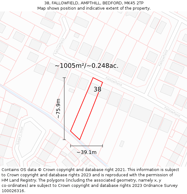 38, FALLOWFIELD, AMPTHILL, BEDFORD, MK45 2TP: Plot and title map