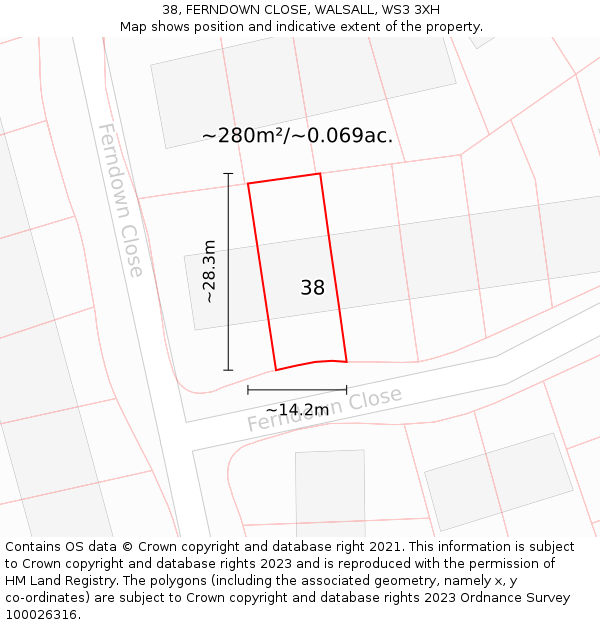 38, FERNDOWN CLOSE, WALSALL, WS3 3XH: Plot and title map