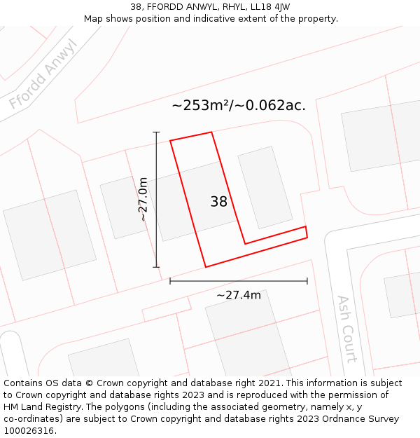 38, FFORDD ANWYL, RHYL, LL18 4JW: Plot and title map