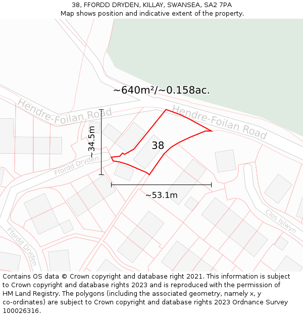 38, FFORDD DRYDEN, KILLAY, SWANSEA, SA2 7PA: Plot and title map