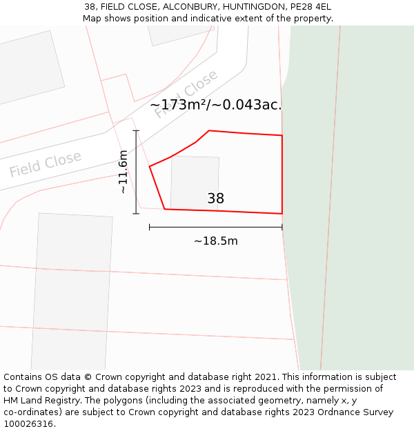 38, FIELD CLOSE, ALCONBURY, HUNTINGDON, PE28 4EL: Plot and title map