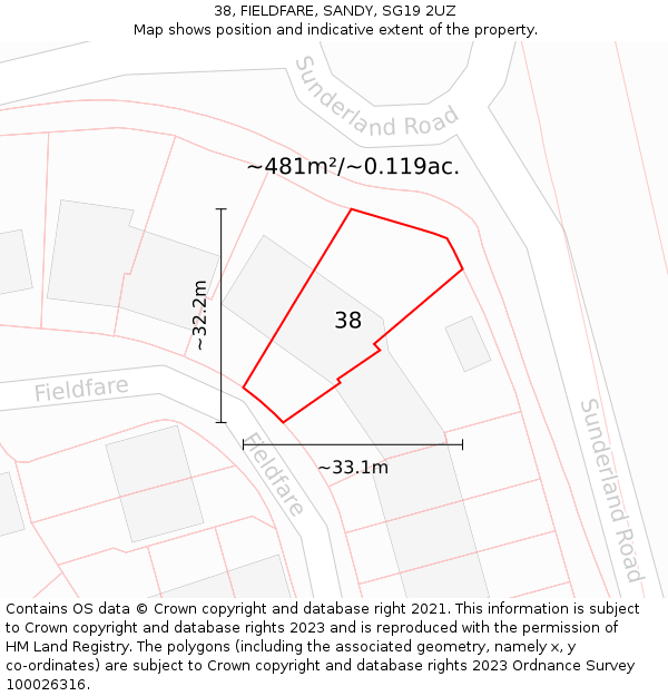 38, FIELDFARE, SANDY, SG19 2UZ: Plot and title map