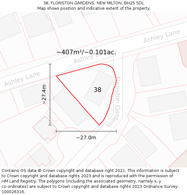 38, FLORISTON GARDENS, NEW MILTON, BH25 5DL: Plot and title map