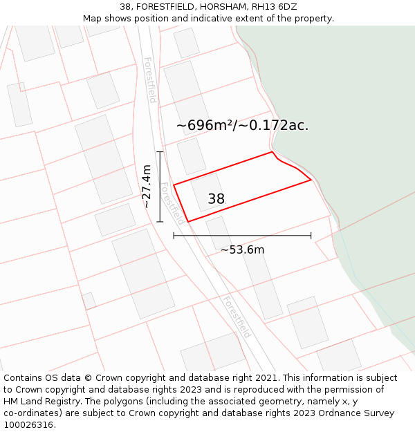 38, FORESTFIELD, HORSHAM, RH13 6DZ: Plot and title map