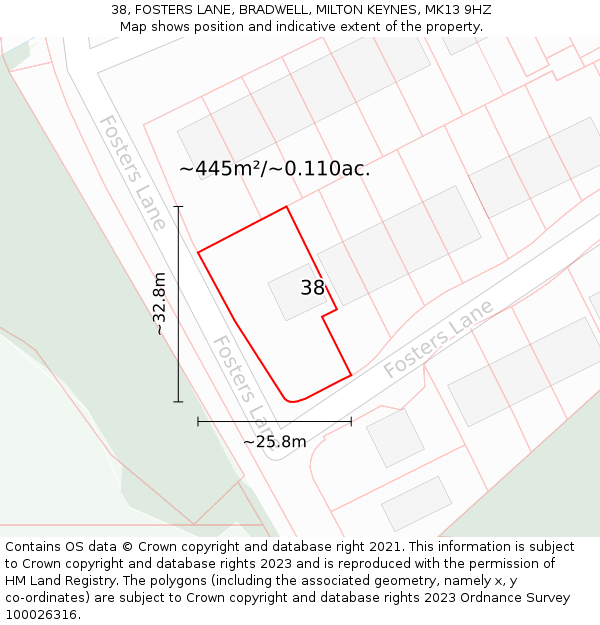 38, FOSTERS LANE, BRADWELL, MILTON KEYNES, MK13 9HZ: Plot and title map