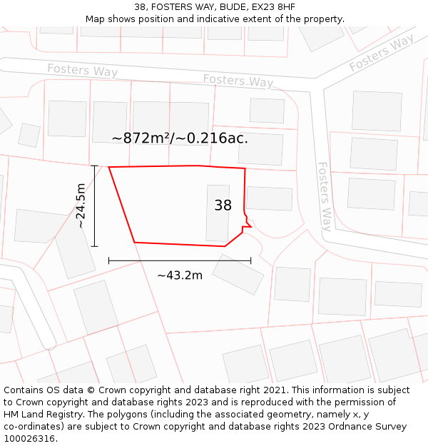 38, FOSTERS WAY, BUDE, EX23 8HF: Plot and title map