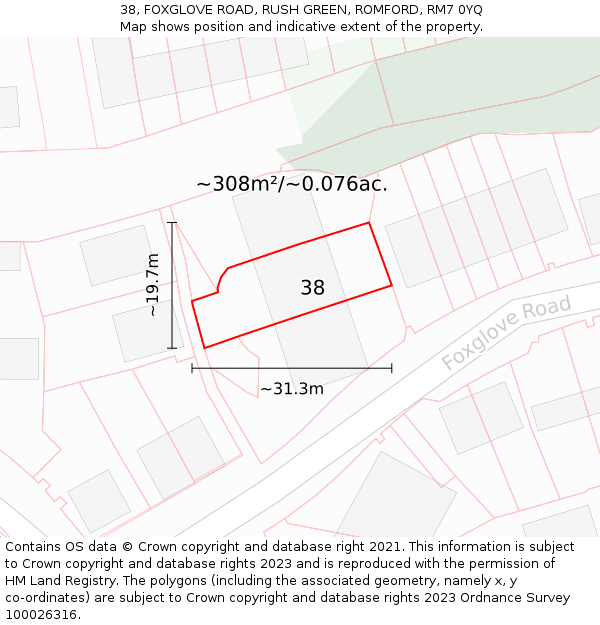 38, FOXGLOVE ROAD, RUSH GREEN, ROMFORD, RM7 0YQ: Plot and title map