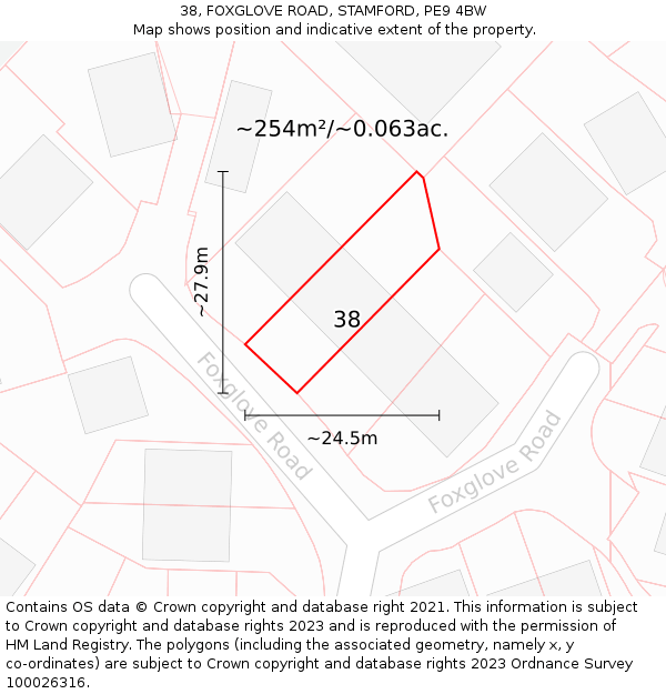 38, FOXGLOVE ROAD, STAMFORD, PE9 4BW: Plot and title map