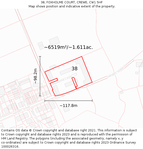 38, FOXHOLME COURT, CREWE, CW1 5HF: Plot and title map