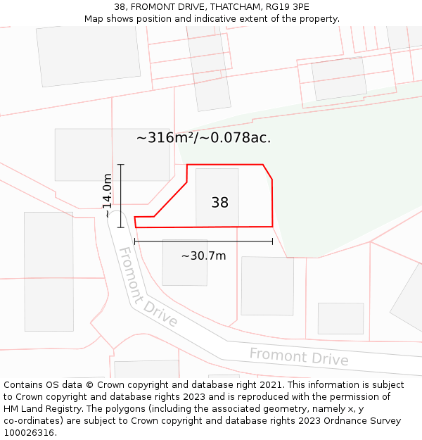 38, FROMONT DRIVE, THATCHAM, RG19 3PE: Plot and title map