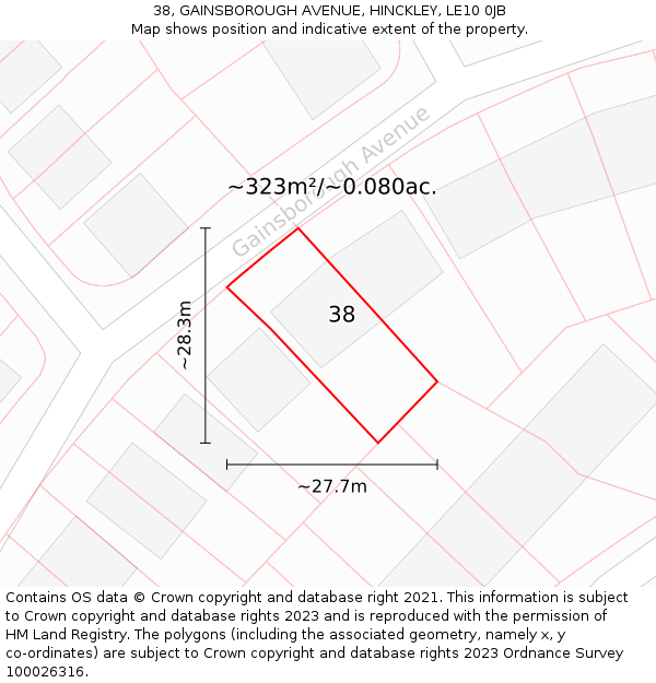 38, GAINSBOROUGH AVENUE, HINCKLEY, LE10 0JB: Plot and title map