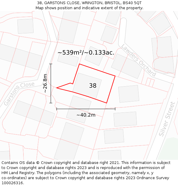 38, GARSTONS CLOSE, WRINGTON, BRISTOL, BS40 5QT: Plot and title map
