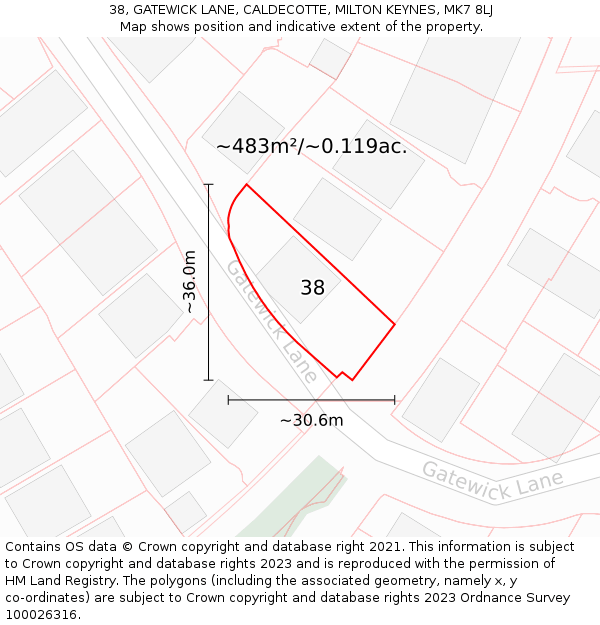 38, GATEWICK LANE, CALDECOTTE, MILTON KEYNES, MK7 8LJ: Plot and title map