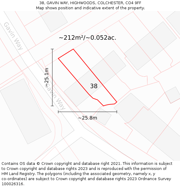38, GAVIN WAY, HIGHWOODS, COLCHESTER, CO4 9FF: Plot and title map