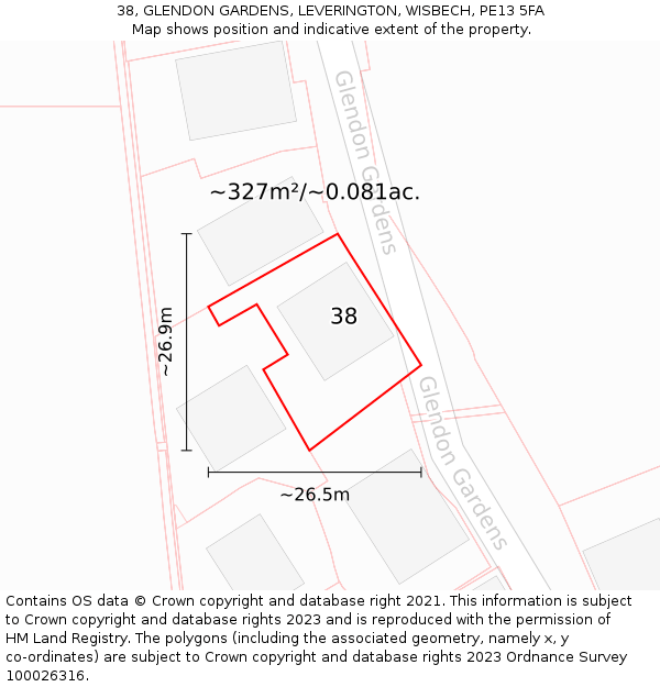 38, GLENDON GARDENS, LEVERINGTON, WISBECH, PE13 5FA: Plot and title map