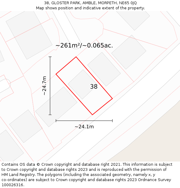 38, GLOSTER PARK, AMBLE, MORPETH, NE65 0JQ: Plot and title map